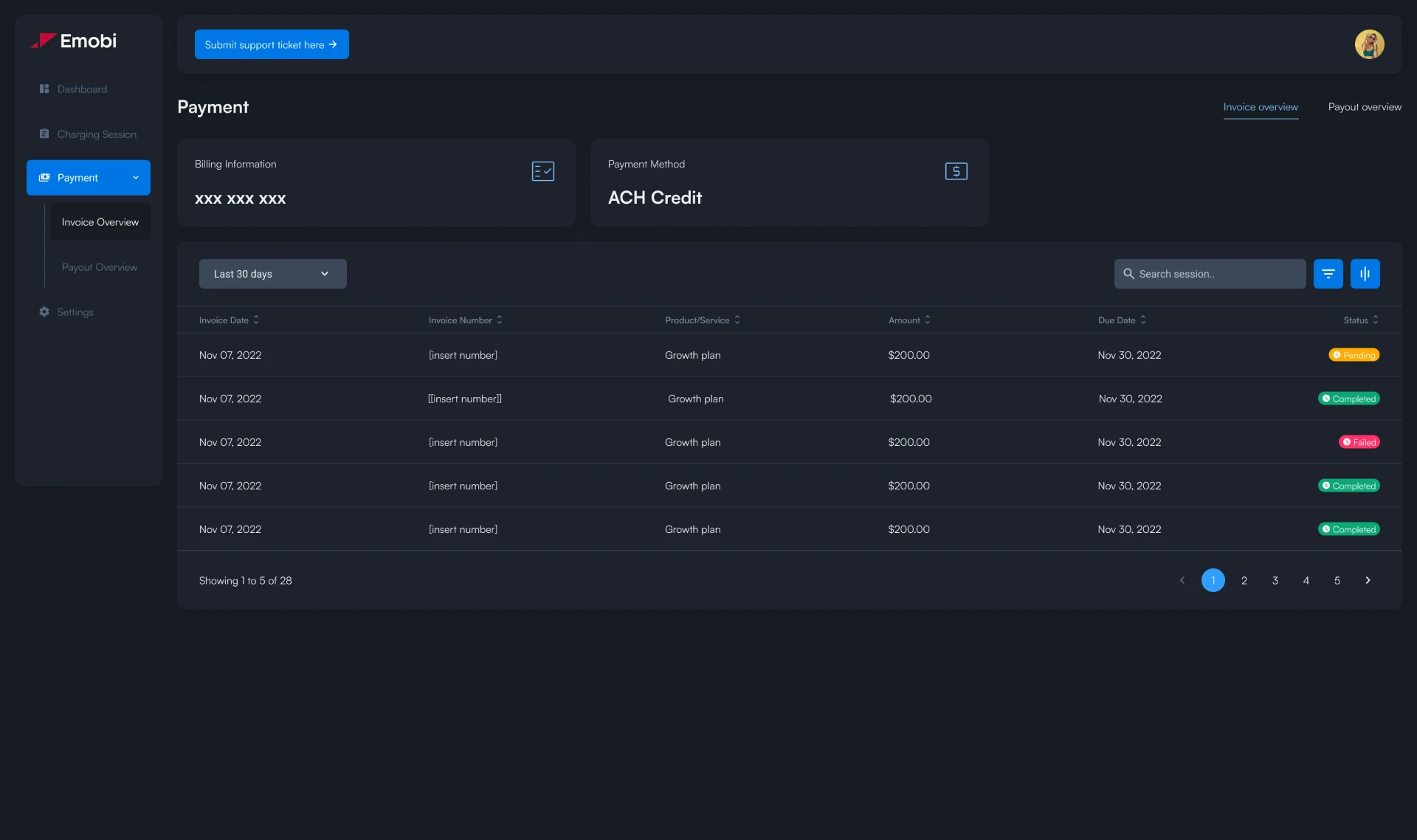Payment invoice overview table with amounts, due dates, and statuses